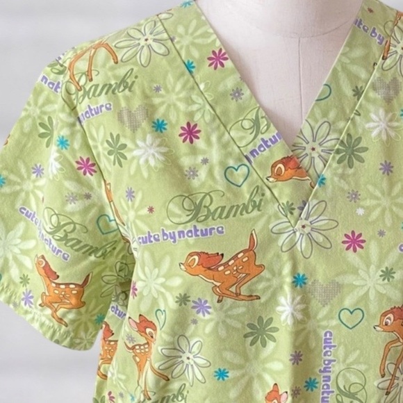♦️ Disney Small Bright Green Bambi V Neck Short Sleeve Scrub Top - Picture 2 of 6